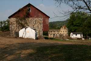 old farm buildings under vines