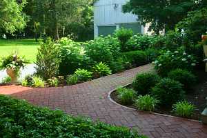 a brick walkway between several gardens