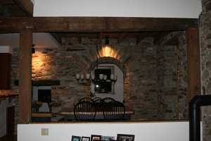 Interior of a stone house being restored