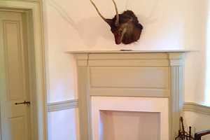 a repaired wall and fireplace area where a stuffed animal head hangs above - after