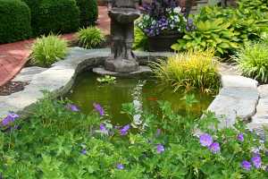 a fish pond with a small boy statue on the edge and some water plants and fish in it