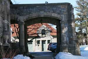 A completed stone archway repair