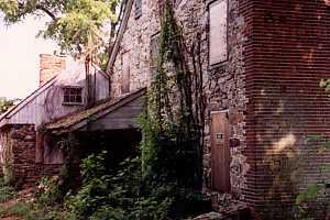 An old stone and brick building with overgrown foliage